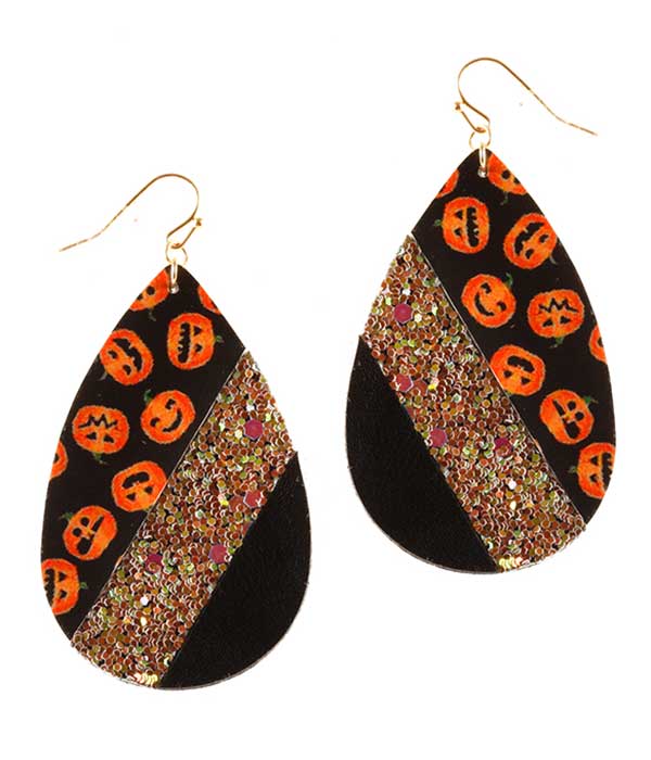 FAUX LEATHER HALLOWEEN THEME GLITTERING TEARDROP EARRING