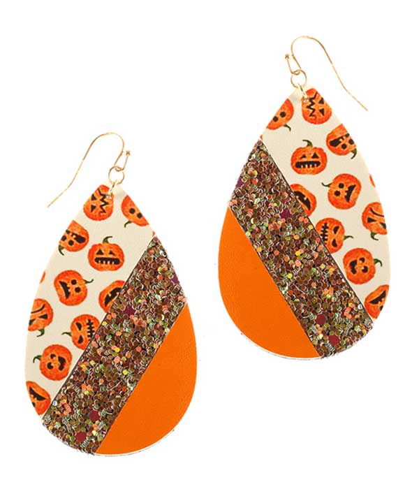 FAUX LEATHER HALLOWEEN THEME GLITTERING TEARDROP EARRING