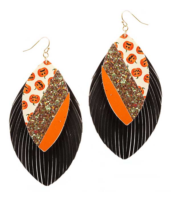 FAUX LEATHER HALLOWEEN THEME GLITTERING MARQUISE EARRING