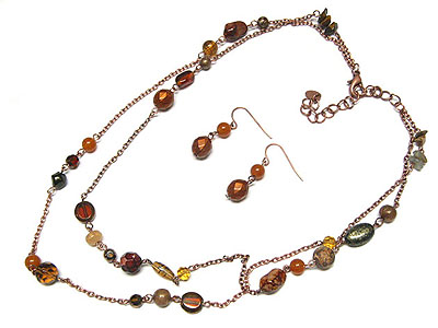 Glass beads and stone long necklace and earring set