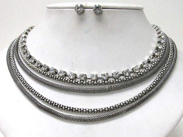 Multi tube chain and rhinestone accent necklace earring set