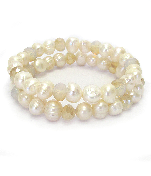 Fresh water pearl and glass bead double stretch bracelet set