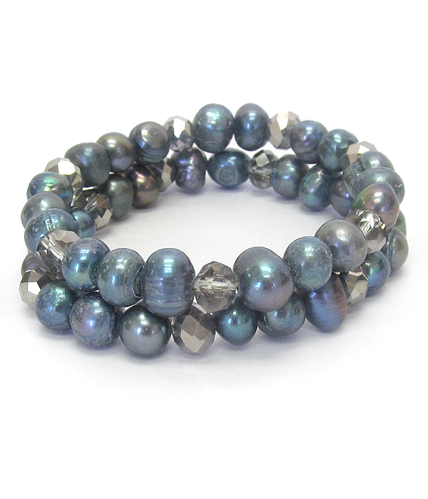 Fresh water pearl and glass bead double stretch bracelet set