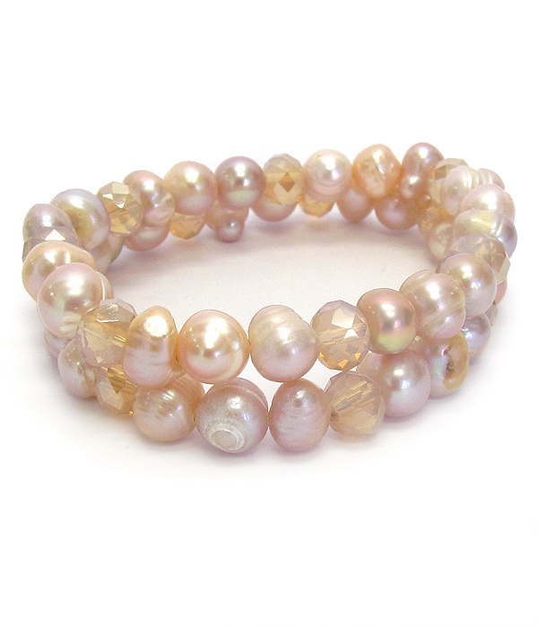 Fresh water pearl and glass bead double stretch bracelet set