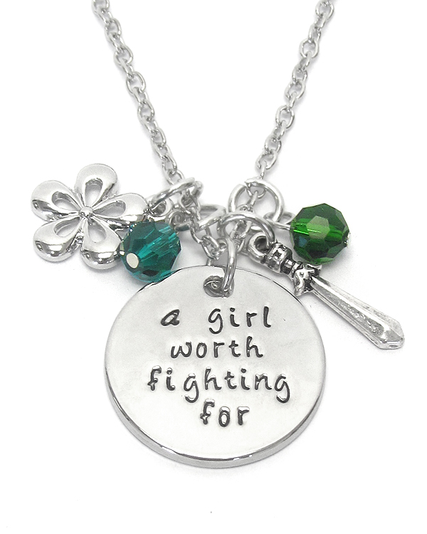 Inspiration message multi charm pendant necklace - a girl worth fighting for