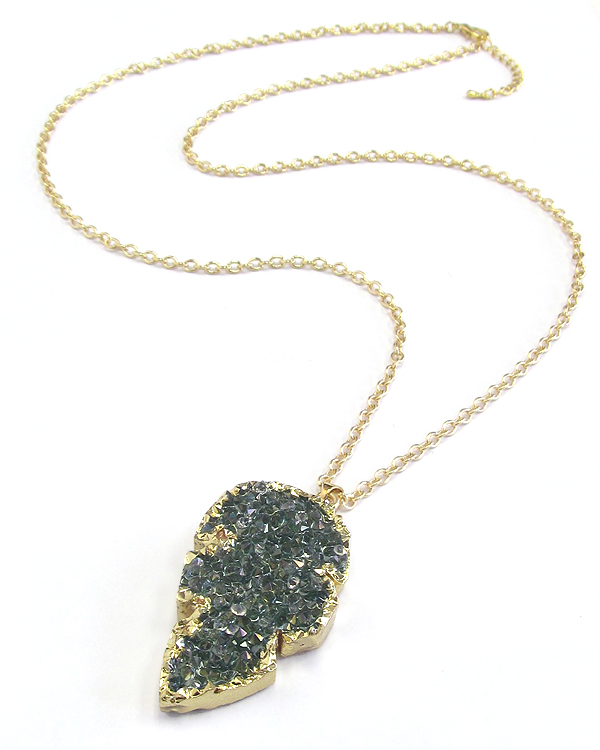 Gold side druzy leaf pendant long necklace