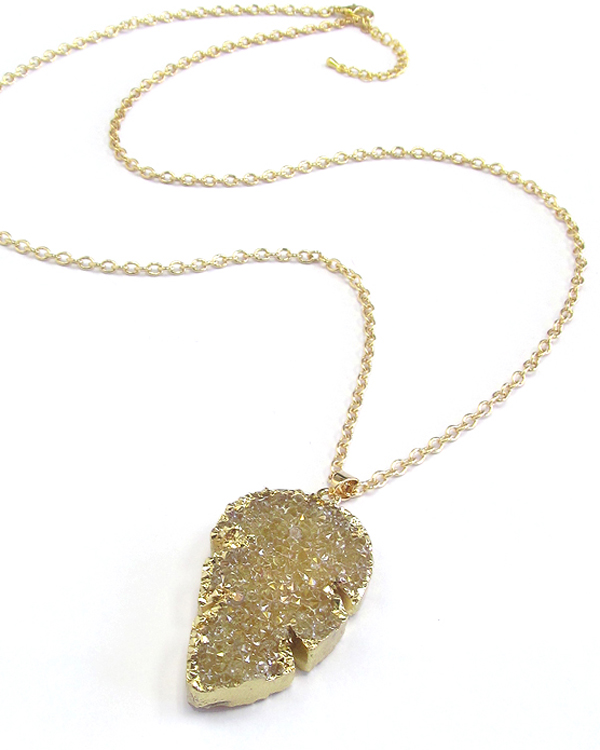 Gold side druzy leaf pendant long necklace