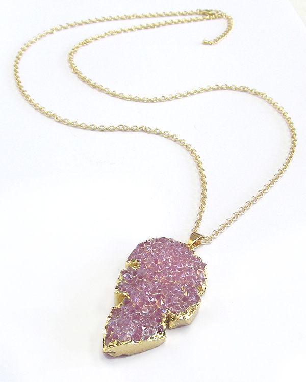 Gold side druzy leaf pendant long necklace