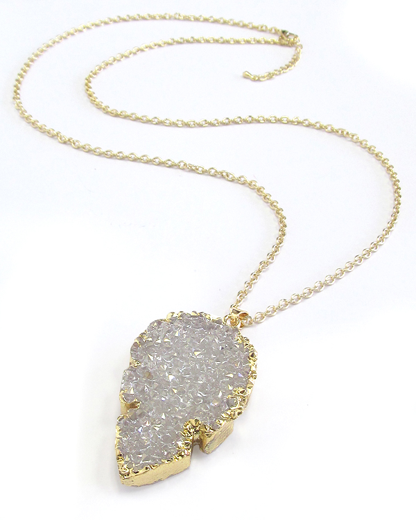 Gold side druzy leaf pendant long necklace