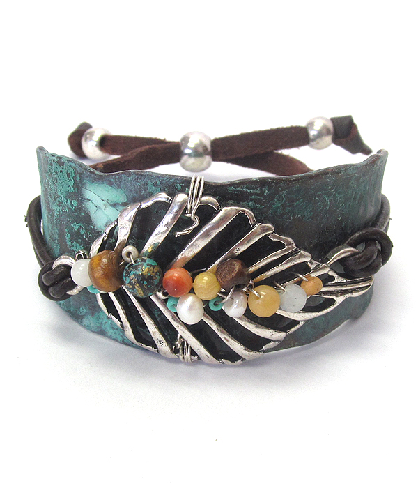 Seed bead leaf chunky metal and suede pull tie bracelet