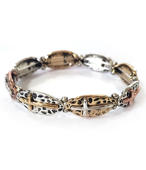 Textured vintage metal stretch bracelet - cross