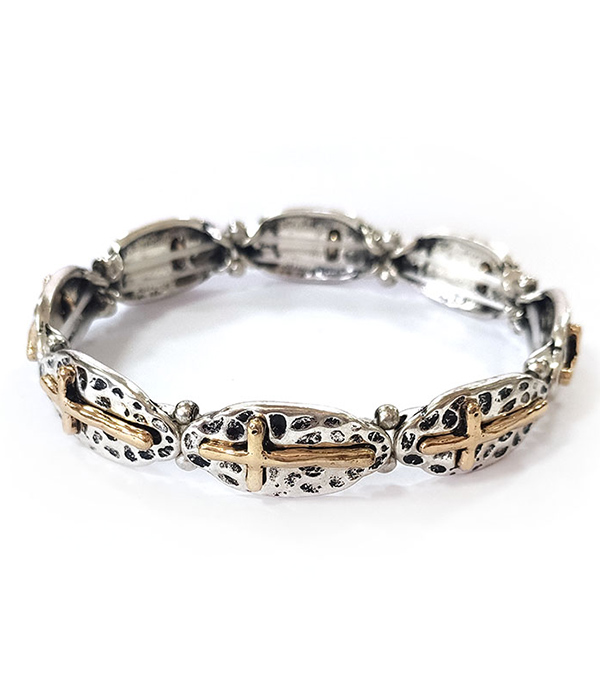 Textured vintage metal stretch bracelet - cross