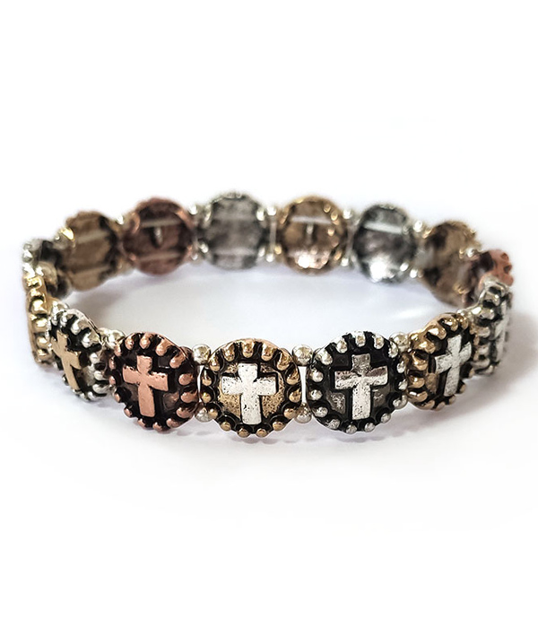 Textured vintage metal stretch bracelet - cross