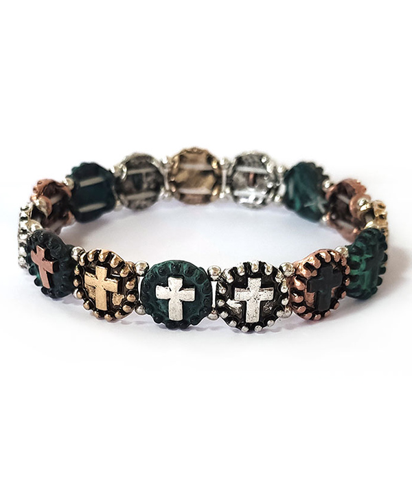 TEXTURED VINTAGE METAL STRETCH BRACELET - PATINA CROSS