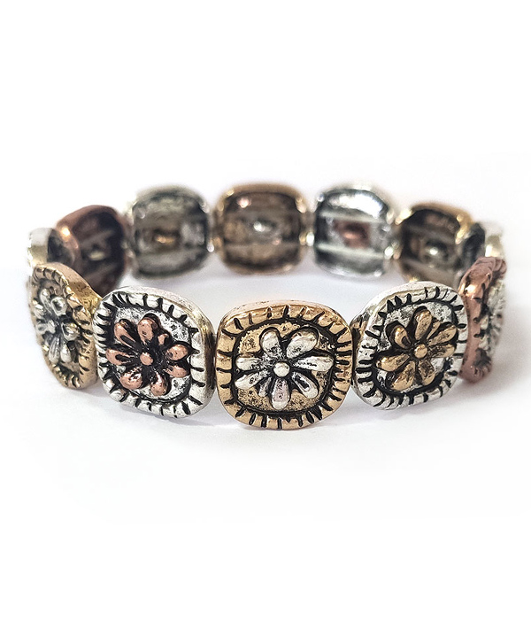 TEXTURED VINTAGE METAL STRETCH BRACELET - FLOWER