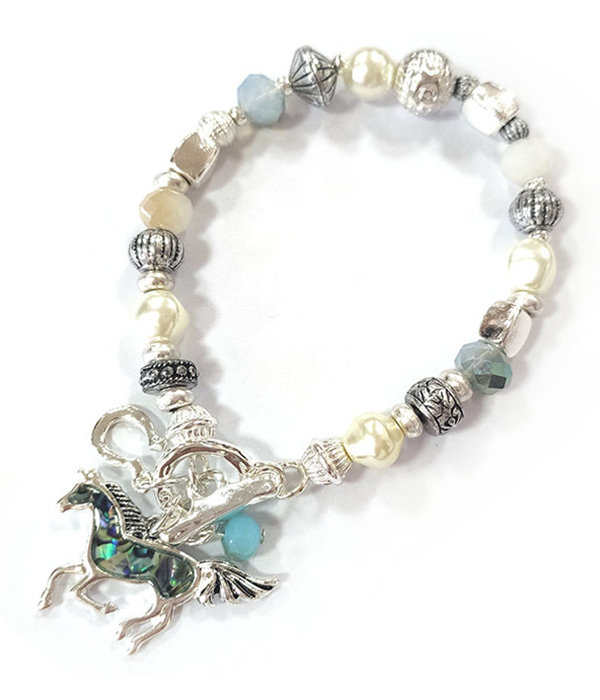 ABALONE CHARM AND MUTLI BEAD STRETCH BRACELET - HORSE