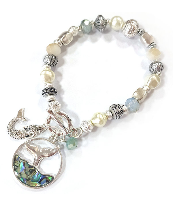 SEALIFE THEME ABALONE CHARM AND MULTI BEAD STRETCH BRACELET - MERMAID TAIL