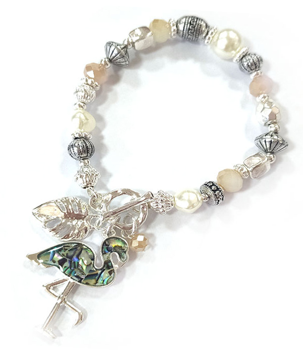 TROPICAL BIRD THEME ABALONE CHARM AND MULTI BEAD STRETCH BRACELET - FLAMINGO AND MONSTERA