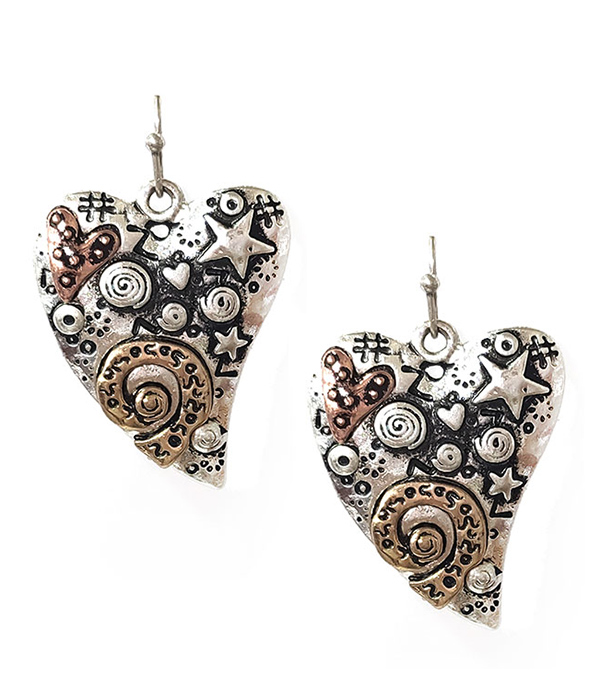 VINTAGE METAL STAR PATTERN HEART EARRING