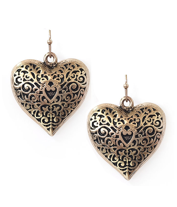 ANTIQUE GOLD METAL FILIGREE PUFFY HEART EARRING