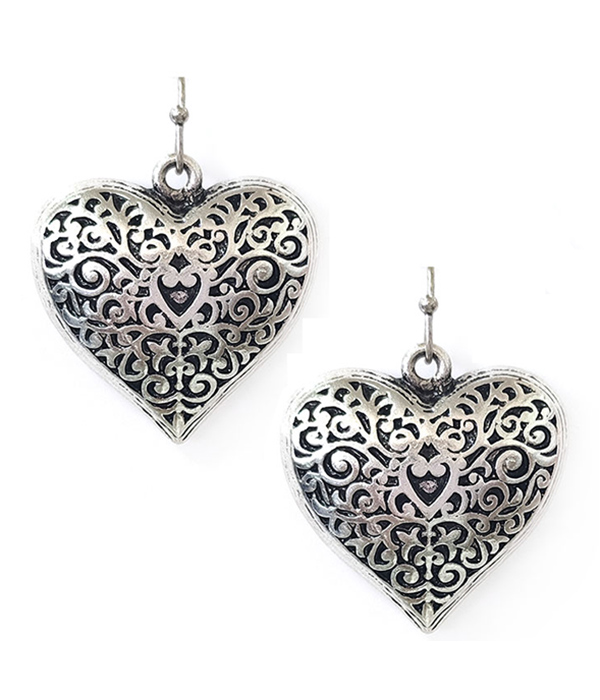 ANTIQUE SILVER METAL FILIGREE PUFFY HEART EARRING