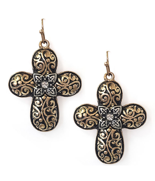 ANTIQUE GOLD METAL FILIGREE PUFFY CROSS EARRING