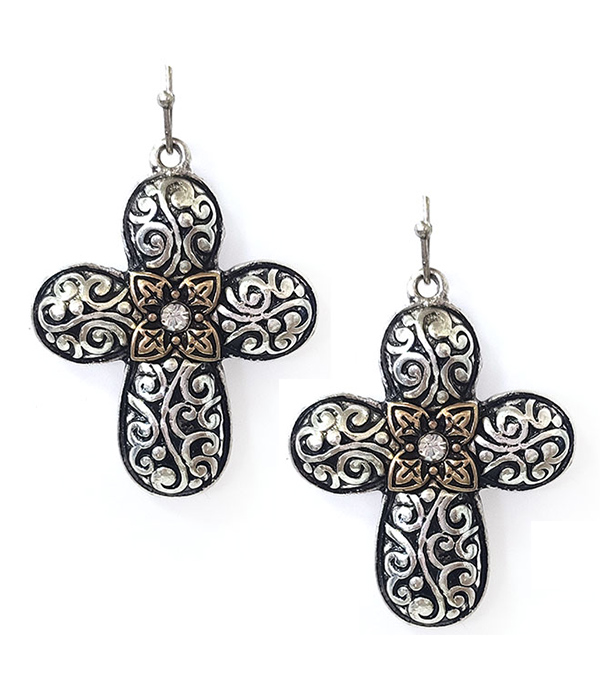 ANTIQUE SILVER METAL FILIGREE PUFFY CROSS EARRING