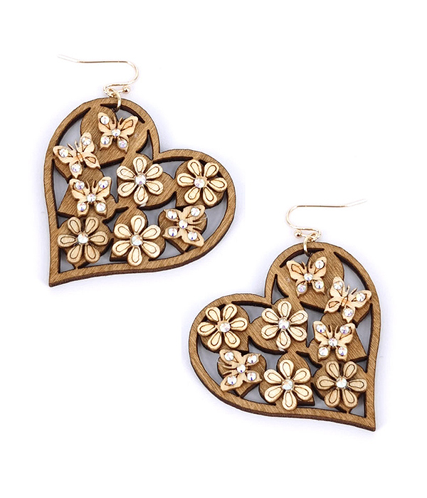 GARDEN THEME NATURAL WOOD HEART EARRING - BUTTERFLY AND FLOWER
