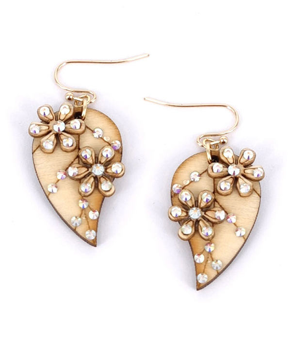WOODEN FLOWER AND LEAF EARRING