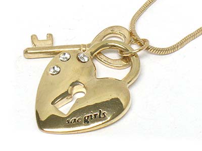 Crystal stone deco heart lock and key necklace