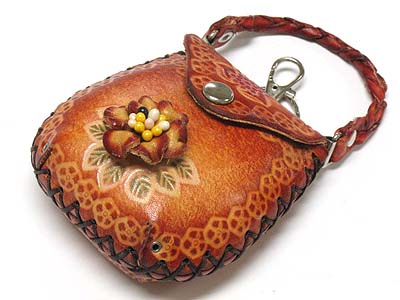 FLOWER PATTERN GENUINE LEATHER COIN PURSE KEY CHAIN