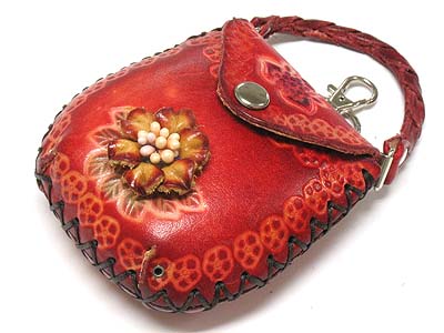 FLOWER PATTERN GENUINE LEATHER COIN PURSE KEY CHAIN