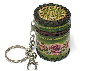 GENUINE LEATHER FLOWER PATTERN COIN PURSE KEY CHAIN