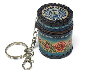 GENUINE LEATHER FLOWER PATTERN COIN PURSE KEY CHAIN