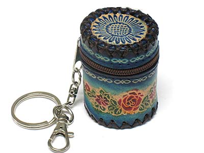Genuine leather flower pattern coin purse key chain