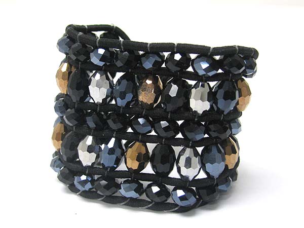 DOUBLE ROW FACET GLASS BEADS DECO FABRIC WOVEN BRACELET