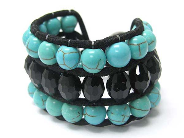 Multi row facet glass and turquoise stone deco fabric woven bracelet
