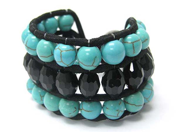 MULTI ROW FACET GLASS AND TURQUOISE STONE DECO FABRIC WOVEN BRACELET