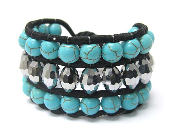 Multi row facet glass and turquoise stone deco fabric woven bracelet