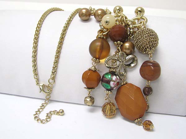 Multi acryl stone and metal mesh ball drop long necklace earring set