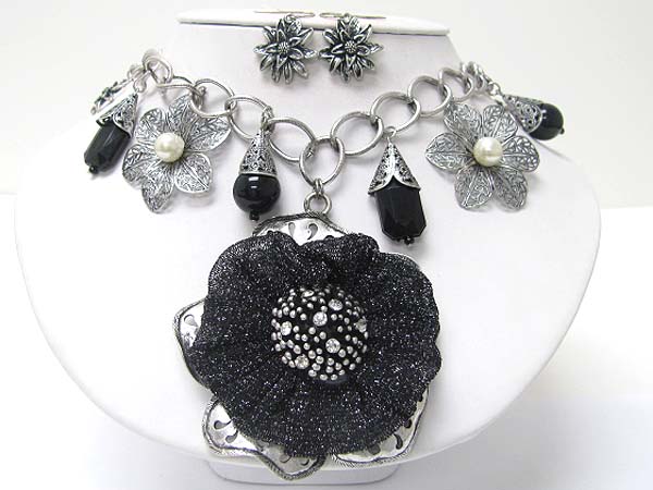 Crystal and chiffon mesh deco metal flower pendant and dangles necklace earring set