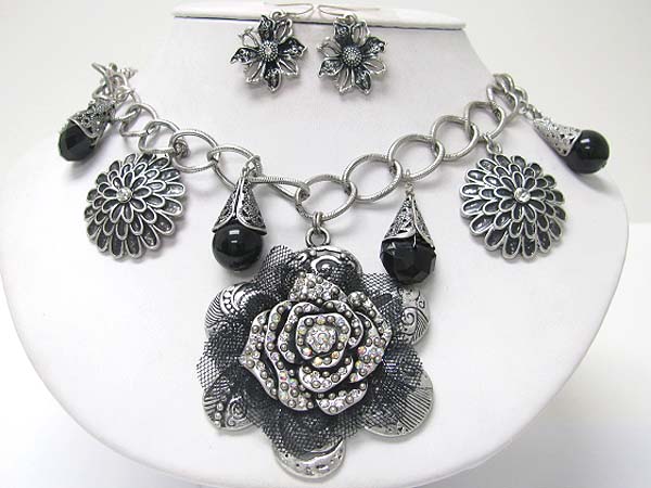 Crystal and chiffon mesh deco metal flower pendant and dangles necklace earring set