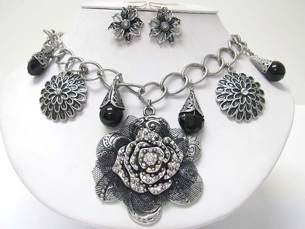 CRYSTAL AND CHIFFON MESH DECO METAL FLOWER PENDANT AND DANGLES NECKLACE EARRING SET