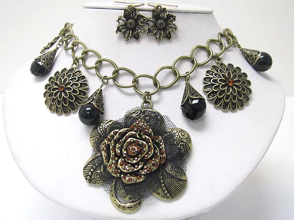 Crystal and chiffon mesh deco metal flower pendant and dangles necklace earring set