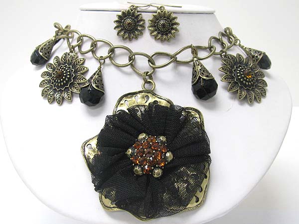 Crystal and chiffon mesh deco metal flower pendant and dangles necklace earring set