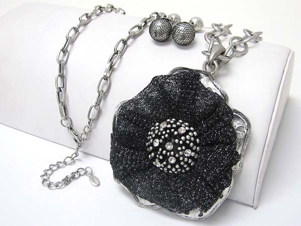 Crystal and chiffon mesh deco metal flower pendant long necklace earring set