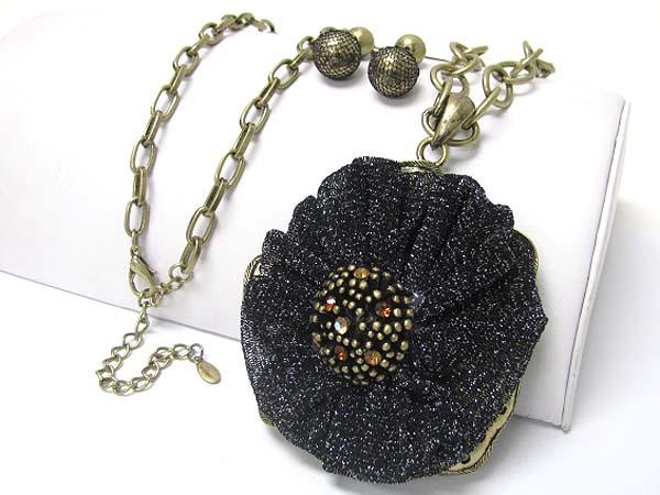 CRYSTAL AND CHIFFON MESH DECO METAL FLOWER PENDANT LONG NECKLACE EARRING SET