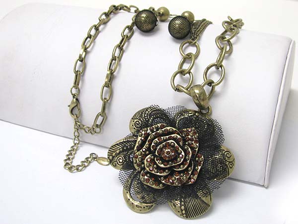 CRYSTAL AND CHIFFON MESH DECO METAL FLOWER PENDANT LONG NECKLACE EARRING SET
