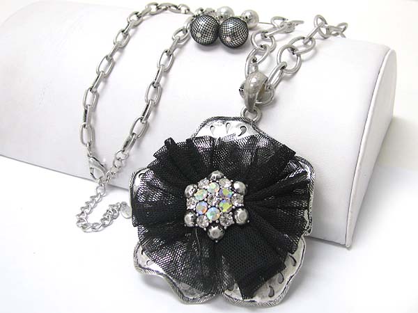 Crystal and chiffon mesh deco metal flower pendant long necklace earring set