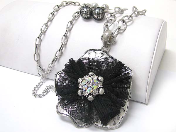 CRYSTAL AND CHIFFON MESH DECO METAL FLOWER PENDANT LONG NECKLACE EARRING SET